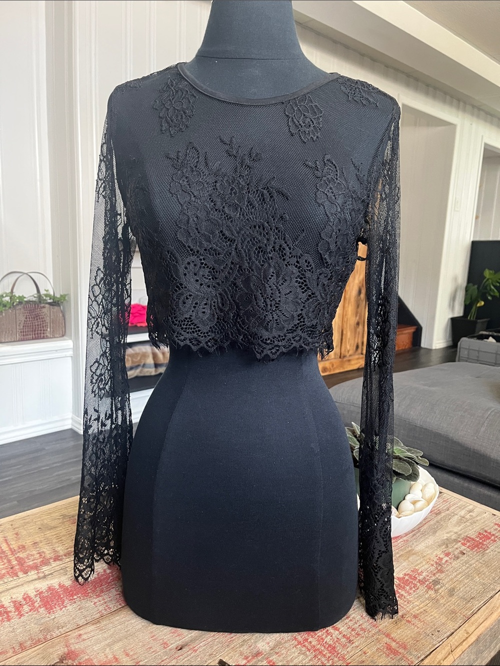 Black Lace Long-Sleeve Sheer Crop Top
